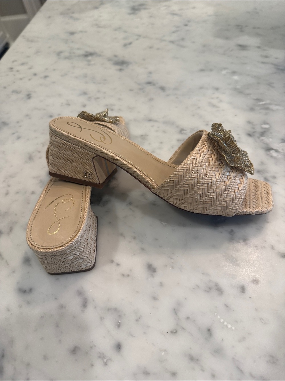 Beaded Floral Woven raffia Slide Sandals - Nude/Gold - Picture 4 of 4